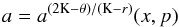 \begin{equation} a = a^{(2\mathrm{K}-\theta)/(\mathrm{K}-r)}(x,p) \end{equation}