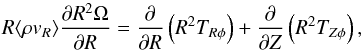 \begin{equation} \label{ang_mom_turb_eq} R \mean{\rho v_R}\frac{\partial R^2 \Omega}{\partial R} = \frac{\partial}{\partial R} \left( R^2 T_{R \phi} \right) + \frac{\partial}{\partial Z} \left( R^2 T_{Z \phi} \right) , \end{equation}