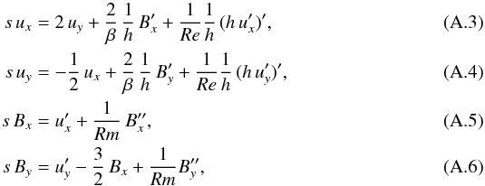 \appendix \setcounter{section}{1} \begin{eqnarray} s\,u_x &=& 2\,u_y +\frac{2}{\beta}\,\frac{1}{h}\,B_x' +\frac{1}{Re}\frac{1}{h}\,(h\,u_x')', \\ s\,u_y &=& -\frac{1}{2}\,u_x + \frac{2}{\beta}\,\frac{1}{h}\,B_y'+\frac{1}{Re}\frac{1}{h}\,(h\,u_y')', \\ s\,B_x &=& u_x' + \frac{1}{Rm}\,B_x'', \\ s\,B_y &=& u_y' - \frac{3}{2}\,B_x + \frac{1}{Rm} B_y'', \end{eqnarray}