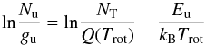 \begin{equation} \label{rot} \mathrm{ln}\frac{N_\mathrm{u}}{g_\mathrm{u}}= \mathrm{ln}\frac{N_\mathrm{T}}{Q(T_{\mathrm{rot}})}-\frac{E_\mathrm{u}}{k_\mathrm{B}T_\mathrm{rot}}\\ \end{equation}