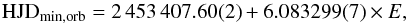 \begin{equation} {\rm HJD}_\mathrm{min,orb}= 2\,453\,407.60(2)+6.083299(7)\times E, \end{equation}