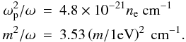 \begin{eqnarray} \omega _{\rm p}^2/\omega &=& 4.8\times 10^{-21}n_{\rm e} ~{\rm cm}^{-1}\nonumber\\ m^2/\omega &=& 3.53 \left(m/1 {\rm eV}\right)^2 ~{\rm cm}^{-1}. \end{eqnarray}