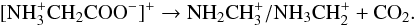 \begin{eqnarray} {\rm [NH_3^+CH_2COO^-]^+ \rightarrow NH_2CH_3^+ / NH_3CH_2^+ + CO_2}. \end{eqnarray}
