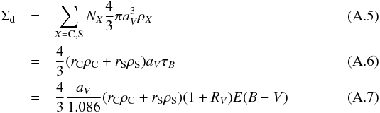 \appendix \setcounter{section}{1} \begin{eqnarray} \Sigma_{\rm d} & = & \sum_{X = {\rm C,S}} N_X{4\over 3}\pi a_V^3\rho_X\\ & = & {4\over3}(r_{\rm C} \rho_{\rm C} + r_{\rm S} \rho_{\rm S})a_V\tau_B\\ & = & {4\over3}{a_V\over1.086}(r_{\rm C}\rho_{\rm C} + r_{\rm S} \rho_{\rm S})(1+R_V)E(B-V) \end{eqnarray}