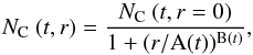 \begin{equation} {N_{\rm C}}~(t,r) = \frac{N_{\rm C}~(t,r = 0)}{1 + (r/{\rm A}(t))^{{\rm B}(t)}}, \label{eq:contam_tr} \end{equation}