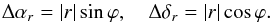 \begin{equation} \Delta \alpha_r = |r| \sin \varphi, \ \ \ \ \Delta \delta_r = |r| \cos \varphi . \end{equation}