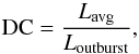 \begin{equation} \label{eq:ucxb:dutycycle} \mathrm{DC} = \frac{L_\mathrm{avg}}{L_\mathrm{outburst}}, \end{equation}