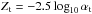 \hbox{$\zp_{\rm t} =-2.5\log_{10} \alpha_{\rm t}$}