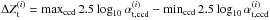 \hbox{$\Delta\zp_{\rm t}^{(i)} = \max_{\rm ccd}2.5\log_{10}\alpha_{\rm t,ccd}^{(i)} - \min_{\rm ccd} 2.5\log_{10}\alpha_{\rm t,ccd}^{(i)}$}