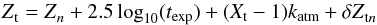 \begin{equation} \label{eq:15} \zp_{\rm t} = \zp_n + 2.5 \log_{10}(t_\text{exp}) + (X_{\rm t}-1)k_{\rm atm} + \delta \zp_{{\rm t}n} \end{equation}