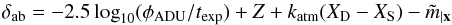 \begin{equation} \label{eq:32} \delta_\ab = -2.5\logdec(\madu[\phi]/t_\text{exp}) + \zp + k_\text{atm} (X_{\rm D} - X_{\rm S}) - \cmaga \end{equation}