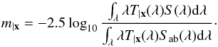 \begin{equation} \label{eq:24} \cmag = -2.5\log_{10}\frac{\int_\lambda \lambda \cmag[T](\lambda) S(\lambda) {\rm d}\lambda}{\int_\lambda \lambda \cmag[T](\lambda) S_\ab(\lambda) {\rm d}\lambda}\cdot \end{equation}