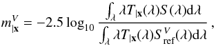 \begin{equation} \cmag^V = -2.5\log_{10}\frac{\int_\lambda \lambda \cmag[T](\lambda) S(\lambda) {\rm d}\lambda}{\int_\lambda \lambda \cmag[T](\lambda) S^V_\text{ref}(\lambda) {\rm d}\lambda}\,,\label{eq:28} \end{equation}