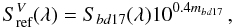 $$ S_\text{ref}^V(\lambda) = S_\bdref (\lambda) 10^{0.4 m_\bdref}\,, $$