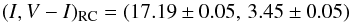 \begin{equation} (I, V-I)_{\rm RC} = (17.19 \pm 0.05, \,3.45 \pm 0.05) \end{equation}