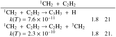 \appendix \setcounter{section}{3} \begin{eqnarray*} \frac{\rm ^1CH_2~+~C_2H_2}{\begin{array}{lll} \rm ^1CH_2~+~C_2H_2 \rightarrow C_3H_3~+~H &&\\ \quad k(T) = 7.6 \times 10^{-11} & 1.8 & 21 \\ \rm ^1CH_2~+~C_2H_2 \rightarrow C_2H_2~+~^3CH_2 &&\\ \quad k(T) = 2.3 \times 10^{-10} & 1.8 & 21. \end{array}} \end{eqnarray*}