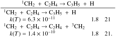 \appendix \setcounter{section}{3} \begin{eqnarray*} \frac{\rm ^1CH_2~+~C_2H_4 \rightarrow C_3H_5~+~H}{\begin{array}{lll} \rm ^1CH_2~+~C_2H_4 \rightarrow C_3H_5~+~H && \\ \quad k(T) = 6.3 \times 10^{-11} & 1.8 & 21 \\ \rm ^1CH_2~+~C_2H_4 \rightarrow C_2H_4~+~^3CH_2 &&\\ \quad k(T) = 1.4 \times 10^{-10} & 1.8 & 21. \end{array}} \end{eqnarray*}