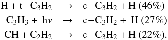 \begin{eqnarray*} \rm H + t\!-\!C_3H_2 &\rightarrow& \rm c\!-\!C_3H_2 + H ~(46\%) \\ \rm C_3H_3 +~h\nu &\rightarrow& \rm c\!-\!C_3H_2 + ~H ~(27\%) \\ \rm CH + C_2H_2 &\rightarrow& \rm c\!-\!C_3H_2 + H ~(22\%). \end{eqnarray*}