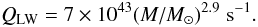 \begin{equation} Q_\mathrm{LW}=7\times10^{43} (M/M_\odot)^{2.9} \;\mathrm{s}^{-1} . \end{equation}