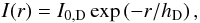 \begin{equation} I(r)=I_{\mathrm{0,D}} \exp\left( -r/h_{\mathrm{D}}\right) , \label{Eq:disc} \end{equation}