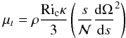 \begin{eqnarray*} \mu_t = \rho\frac{\RI_{\rm c} \kappa}{3}\left( \frac{s}{\calN} \frac{{\rm d}\Omega}{{\rm d}s}^2\right) \end{eqnarray*}