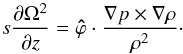 \begin{equation} \label{eq:vort_inv} s\frac{\partial\Omega^2}{\partial z}=\vec{\hat\varphi}\cdot\frac{\na p\times\na\rho}{\rho^2}\cdot \end{equation}