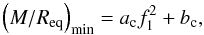\begin{equation} \left({M}/{R_{\rm eq}}\right)_{\rm min} = a_{\rm c}f_1^2 + b_{\rm c}, \end{equation}