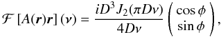 \begin{equation} {\cal F}\left[A(\vec{r})\vec{r}\right]({\bm\nu})=\frac{iD^3J_2(\pi D\nu)}{4D\nu} \left(\begin{array}{c}\cos\phi \\ \sin\phi\end{array}\right), \label{eq27} \end{equation}
