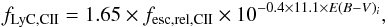 \begin{eqnarray} f_{\rm LyC,CII} = 1.65 \times f_{\rm esc,rel,CII} \times 10^{-0.4 \times 11.1 \times E(B-V)_i}, \label{eq:cii} \end{eqnarray}