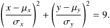 \begin{eqnarray} \left(\frac{x-\mu_{x}}{\sigma_{x}}\right)^{2}+\left(\frac{y-\mu_{y}}{\sigma_{y}}\right)^{2} = 9. \end{eqnarray}