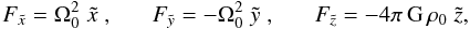 \begin{equation} F_{\tilde x} = \Omega_0^2 \;\tilde x \;,\;\;\;\;\;\; F_{\tilde y} = -\Omega_0^2 \;\tilde y \;,\;\;\;\;\;\; F_{\tilde z} = -4 \pi \,{\rm G} \,\rho_0\; \tilde z , \end{equation}
