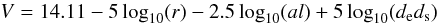 \begin{equation} V = 14.11-5\log_{10}(r)-2.5\log_{10}(al)+5\log_{10}(d_{\rm e}d_{\rm s}) \end{equation}