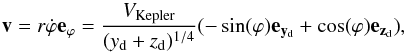 \appendix \setcounter{section}{4} \begin{equation} \vec{v}=r \dot{\varphi}\vec{e_{\varphi}}=\frac{V_\mathrm{Kepler}}{(y_{\mathrm{d}}+z_{\mathrm{d}})^{1/4}}(-\sin(\varphi)\vec{e_{y_\mathrm{d}}}+\cos(\varphi)\vec{e_{z_\mathrm{d}})} \mathrm{,} \label{v_disk_cartesian_coord} \end{equation}