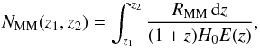 \begin{equation} N_{\rm MM}(z_1,z_2) = \int_{z_1}^{z_2} \frac{R_{\rm MM}\,{\rm d}z}{(1+z)H_0E(z)},\label{NMM} \end{equation}