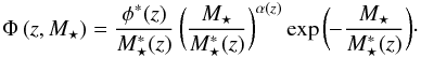 \begin{equation} \Phi\,(z,M_{\star}) = \frac{\phi^{*}(z)}{M_{\star}^{*}(z)}\,\bigg( \frac{M_{\star}}{M_{\star}^{*}(z)} \bigg)^{\alpha(z)} \exp \bigg(\!\!-\!\frac{M_{\star}}{M_{\star}^{*}(z)}\bigg)\cdot\label{lfunc} \end{equation}