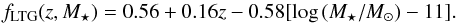 \begin{equation} f_{\rm LTG}(z,M_{\star}) = 0.56 + 0.16z - 0.58[\log\, (M_{\star}/M_{\odot}) - 11].\label{fltgzmass} \end{equation}