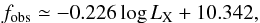 \begin{eqnarray} \label{Eq:Hasinger} f_{\mathrm{obs}}\simeq-0.226\log L_{\mathrm{X}}+10.342, \end{eqnarray}