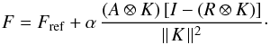 \appendix \setcounter{section}{1} \begin{equation} F = F_\mathrm{ref} + \alpha\,\frac{(A \otimes K)\,[I - (R \otimes K)]} {\parallel\! K\! \parallel^2}\cdot \end{equation}
