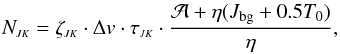 \appendix \setcounter{section}{1} \begin{eqnarray} N_{11} = 3.84\times10^{13} \cdot \Delta v \cdot \tau_{\scriptscriptstyle 11} \cdot (1 + {\cal A}/2.77\eta). \label{Eq15a} \end{eqnarray}