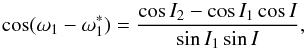 \begin{equation} \cos (\w_\p - \w_\p^*) = \frac{\cos I_\c - \cos I_\p \cos I}{\sin I_\p \sin I} , \label{120629a} \end{equation}