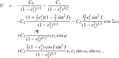 \begin{eqnarray} U & =& - \frac{C_0}{(1-e_\p^2)^{1/2}} - \frac{C_1}{(1-e_\p^2)^{3/2}} \notag\\ & & - C_2 \frac{(1 + \frac{3}{2} e_\p^2) (1-\frac{3}{2} \sin^2 I)}{(1-e_\c^2)^{3/2}} - C_2 \frac{ \frac{15}{4} e_\p^2 \sin^2 I}{(1-e_\c^2)^{3/2}} \cos 2 \w_\p \notag\\ & & + C_3 \frac{ \cA }{(1-e_\c^2)^{5/2}} e_\p e_\c \cos \vpi \notag\\ & & + C_3 \frac{\frac{5}{2} (1-e_\p^2) \cos I \sin^2 I}{(1-e_\c^2)^{5/2}} e_\p e_\c \sin \w_\p \sin \w_\c \ , \label{090514a} \end{eqnarray}