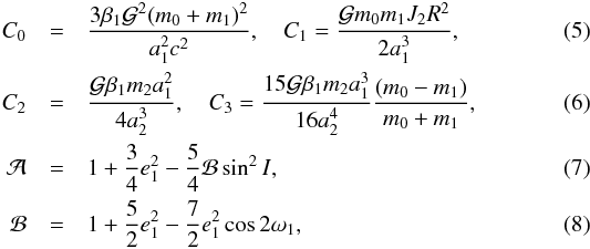 \begin{eqnarray} C_0 &=& \frac{3 \beta_\p \G^2 (\M + \m_\p)^2}{a_\p^2 c^2} , \quad C_1 = \frac{\G \M \m_\p J_2 R_\pp^2}{2 a_\p^3} \label{110816a} , \\ \label{110816c} C_2 &=& \frac{\G \beta_\p \m_\c a_\p^2}{4 a_\c^3 } , \quad C_3 = \frac{15 \G \beta_\p \m_\c a_\p^3}{16 a_\c^4} \frac{(\M-\m_\p)}{\M + \m_\p} , \label{120402a}\\ \cA &=& 1 + \frac{3}{4} e_\p^2 - \frac{5}{4} \cB \sin^2 I , \\ \cB &=& 1+ \frac{5}{2} e_\p^2 - \frac{7}{2} e_\p^2 \cos 2 \w_\p , \end{eqnarray}