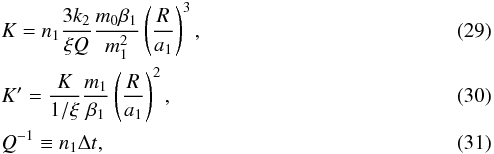 \begin{eqnarray} &&K_\pp = n_\p \frac{3 k_2}{\xi Q} \frac{\M \beta_\p}{\m_\p^2} \pfe{R_\pp}{a_\p}{3} ,\\ \label{090514m} &&\Kl_\pp = \frac{K_\pp}{1/\xi} \frac{\m_\p}{\beta_\p} \pfe{R_\pp}{a_\p}{2}, \\ \label{120704a} &&Q_\pp^{-1} \equiv n_\p \Delta t_\pp , \end{eqnarray}