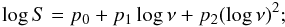 \begin{equation} \log S = p_0 + p_1 \log\nu + p_2 (\log\nu)^2 ; \end{equation}