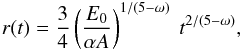\begin{eqnarray} r(t)=\frac{3}{4}\left(\frac{E_{0}}{ \alpha A}\right)^{1/(5-\omega)}~t^{2/(5-\omega)}, \label{eq:sedov1} \end{eqnarray}