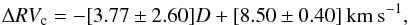 \begin{equation} \Delta RV_{\mathrm{c}} = -[3.77 \pm 2.60] D + [8.50 \pm 0.40] \:\mathrm{km\: s}^{-1} , \end{equation}