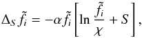\begin{equation} \Delta_S\tilde f_i = -\alpha\tilde f_i\left[\ln\frac{\tilde f_i}{\chi}+S\right], \label{eq:28} \end{equation}