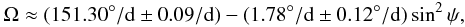 \begin{eqnarray} \Omega \approx (151.30^{\circ}/{\mathrm d} \pm 0.09 /{\mathrm d})- (1.78^{\circ}/{\mathrm d} \pm 0.12^{\circ}/{\mathrm d}) \sin^2 \psi, \label{dr} \end{eqnarray}
