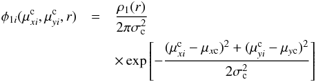 \begin{eqnarray} \label{phic} \phi_{1i}(\mu^{\rm c}_{xi},\mu^{\rm c}_{yi},r) &=& {\rho_1(r)\over 2\pi\sigma_{\rm c}^2} \nonumber\\ &&\times\exp\left[-{(\mu^{\rm c}_{xi}-\mu_{x{\rm c}})^2 + (\mu^{\rm c}_{yi}- \mu_{y{\rm c}})^2\over 2\sigma_{\rm c}^2}\right] \end{eqnarray}