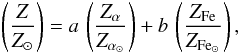 \begin{eqnarray} \label{z-zsun} \left(\frac{Z}{Z_{\odot}}\right) = a \, \left(\frac{Z_{\alpha}}{Z_{\alpha_{\odot}}}\right) + b \, \left(\frac{Z_{\rm Fe}}{Z_{\rm Fe_{\odot}}}\right), \end{eqnarray}